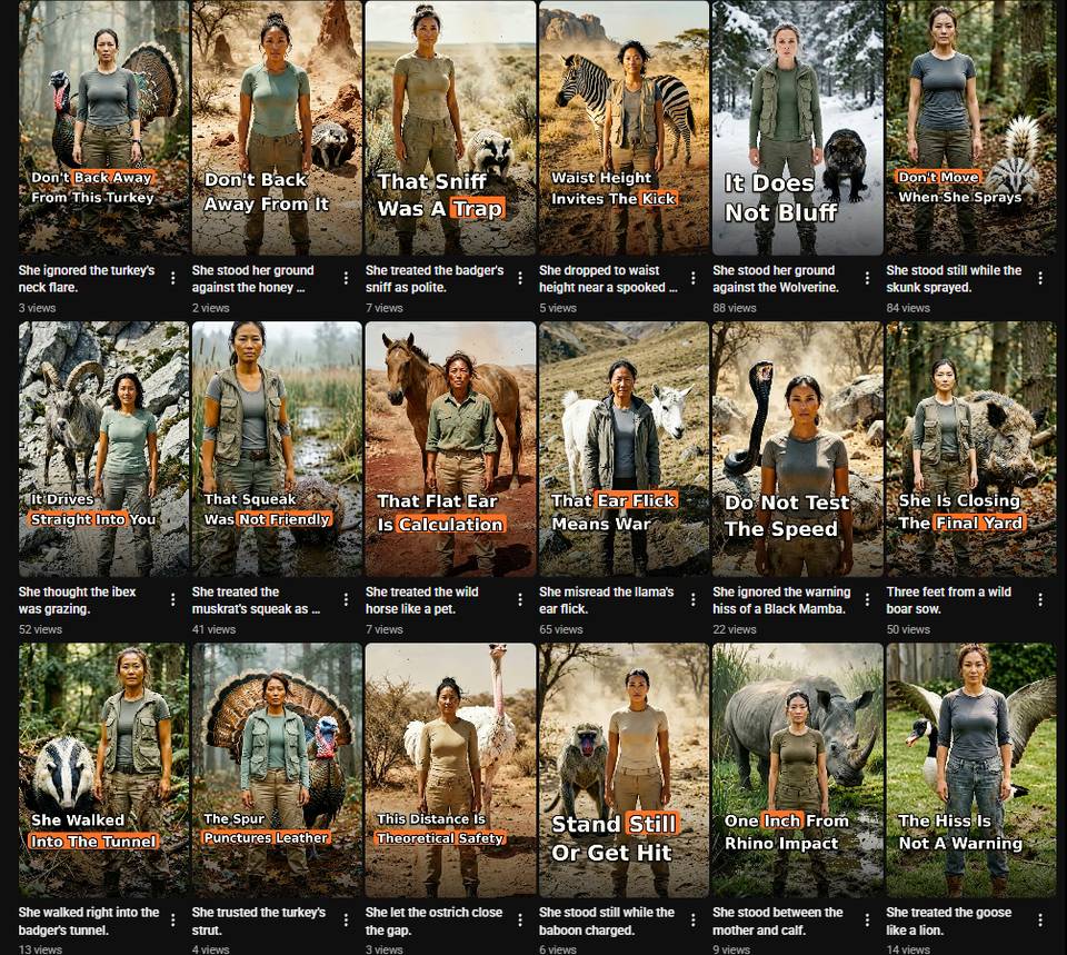 Raster von Too-Close-to-Nature-Thumbnails: eine Moderatorin unklug nah an Wildtieren
